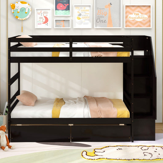 Twin Over Twin Bunk Bed with Storage Stairs and Drawers-Coffee