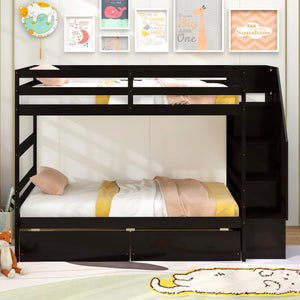Twin Over Twin Bunk Bed with Storage Stairs and Drawers-Coffee