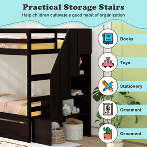 Twin Over Twin Bunk Bed with Storage Stairs and Drawers-Coffee