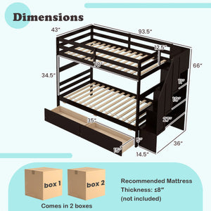 Twin Over Twin Bunk Bed with Storage Stairs and Drawers-Coffee