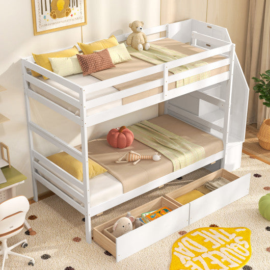 Twin Over Twin Bunk Bed with Storage Stairs and Drawers-White