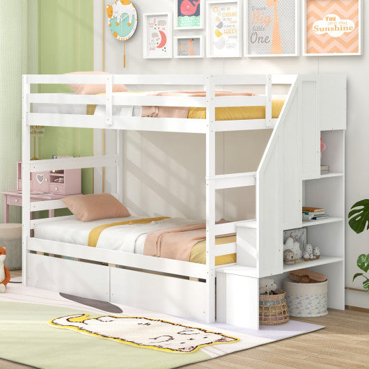 Twin Over Twin Bunk Bed with Storage Stairs and Drawers-White