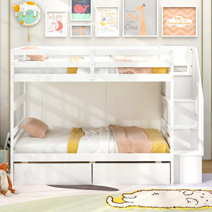 Twin Over Twin Bunk Bed with Storage Stairs and Drawers-White
