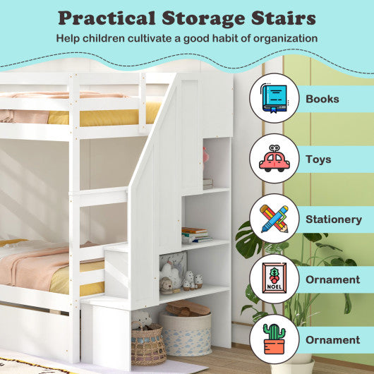 Twin Over Twin Bunk Bed with Storage Stairs and Drawers-White