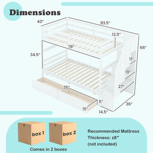 Twin Over Twin Bunk Bed with Storage Stairs and Drawers-White