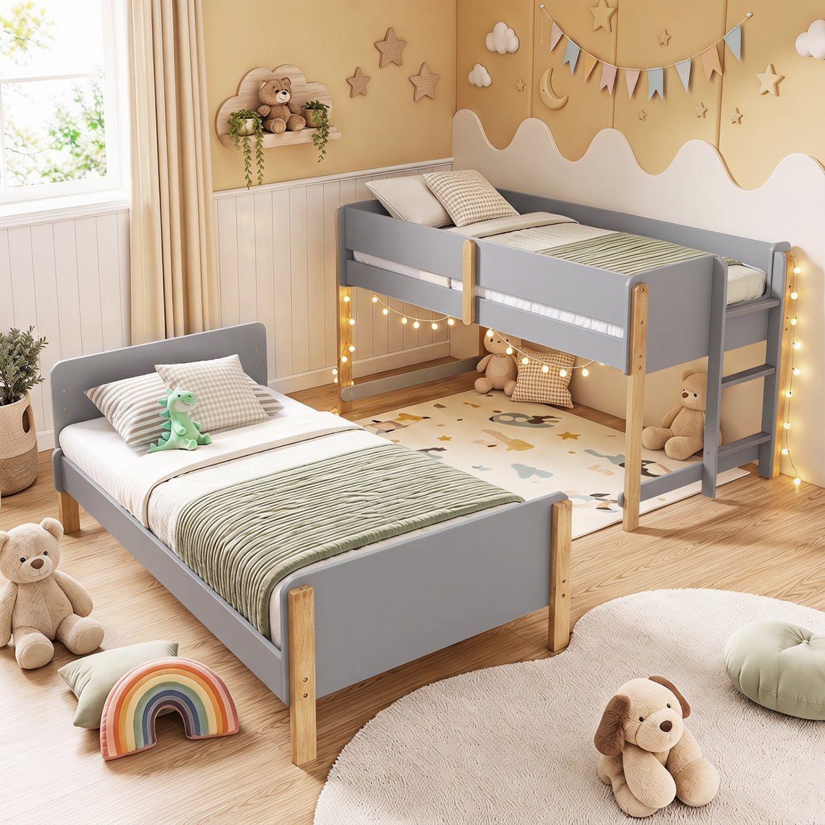 Twin Over Twin Bunk Bed with Ladder Convertible to 2 Twin Beds Toddler Wood Bunk Bed-Grey