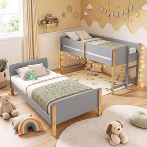 Twin Over Twin Bunk Bed with Ladder Convertible to 2 Twin Beds Toddler Wood Bunk Bed-Grey