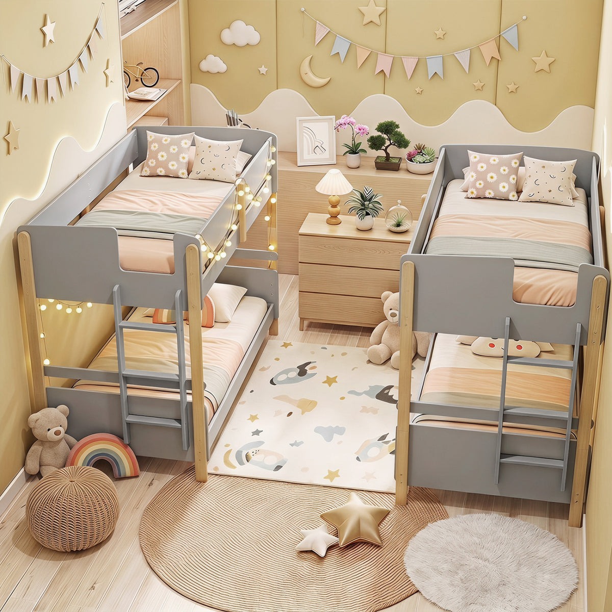 Twin Over Twin Bunk Bed with Ladder Convertible to 2 Twin Beds Toddler Wood Bunk Bed-Grey