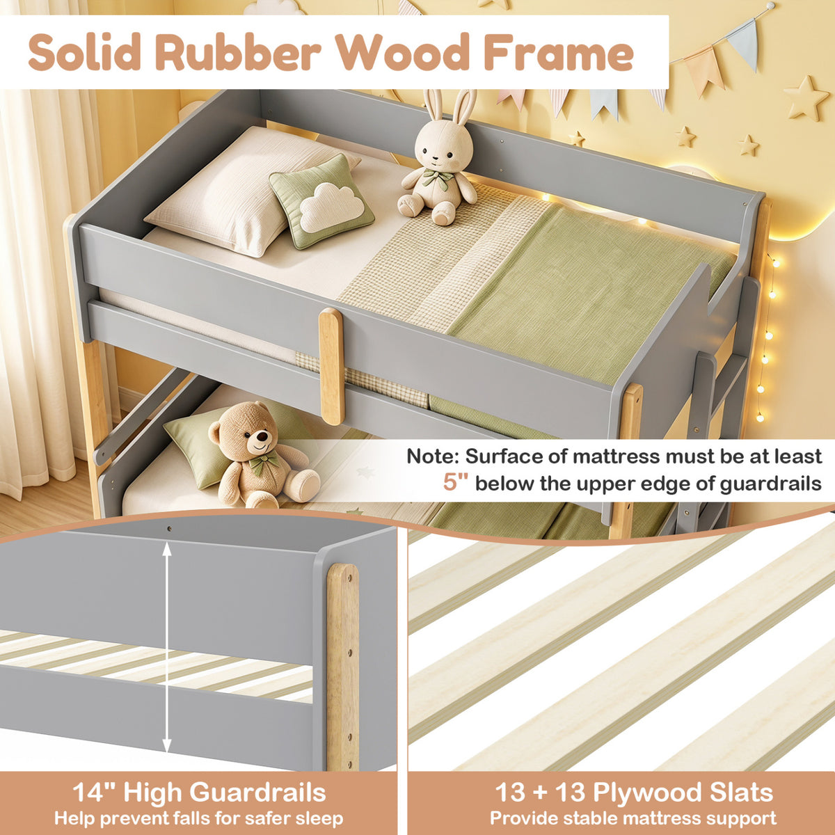 Twin Over Twin Bunk Bed with Ladder Convertible to 2 Twin Beds Toddler Wood Bunk Bed-Grey