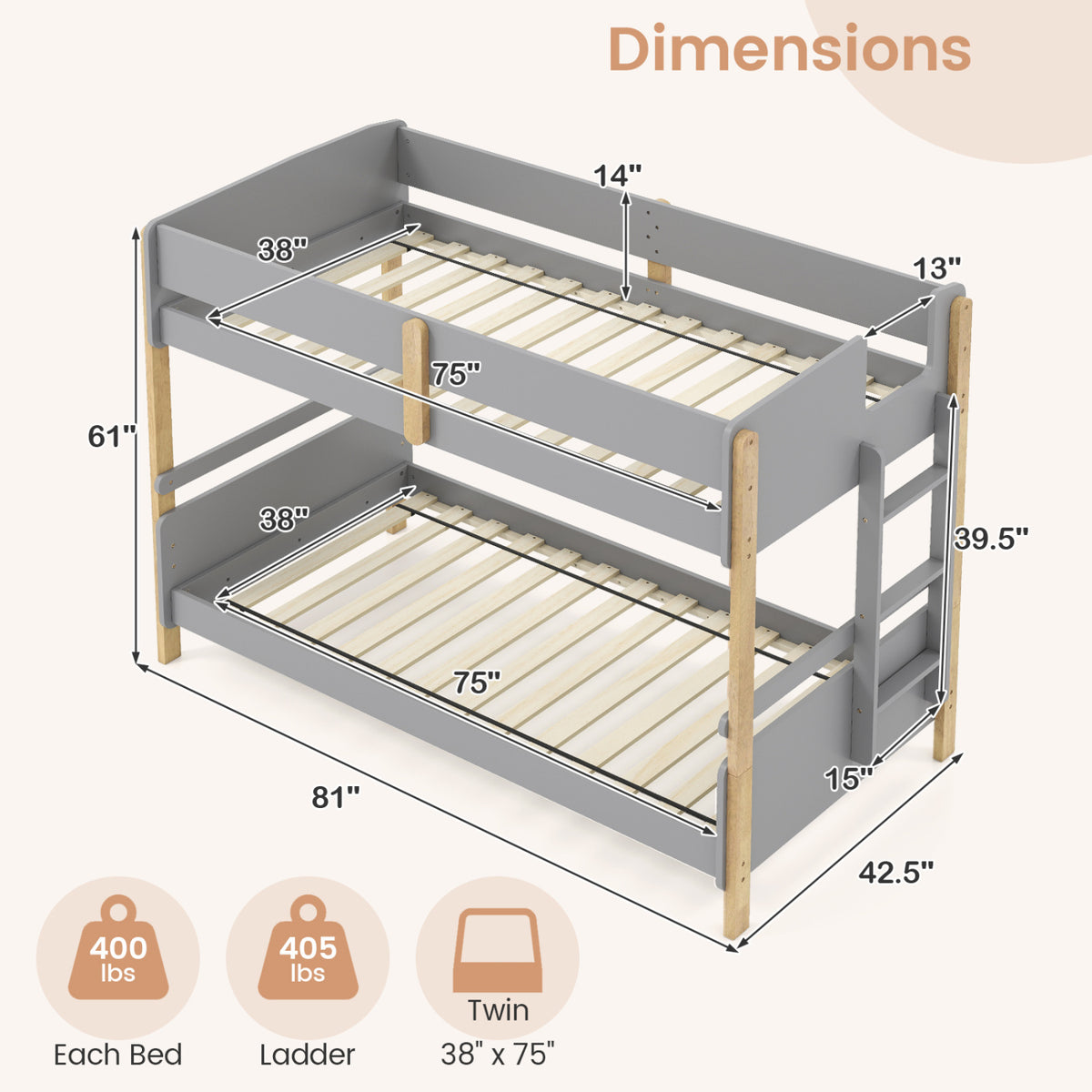 Twin Over Twin Bunk Bed with Ladder Convertible to 2 Twin Beds Toddler Wood Bunk Bed-Grey