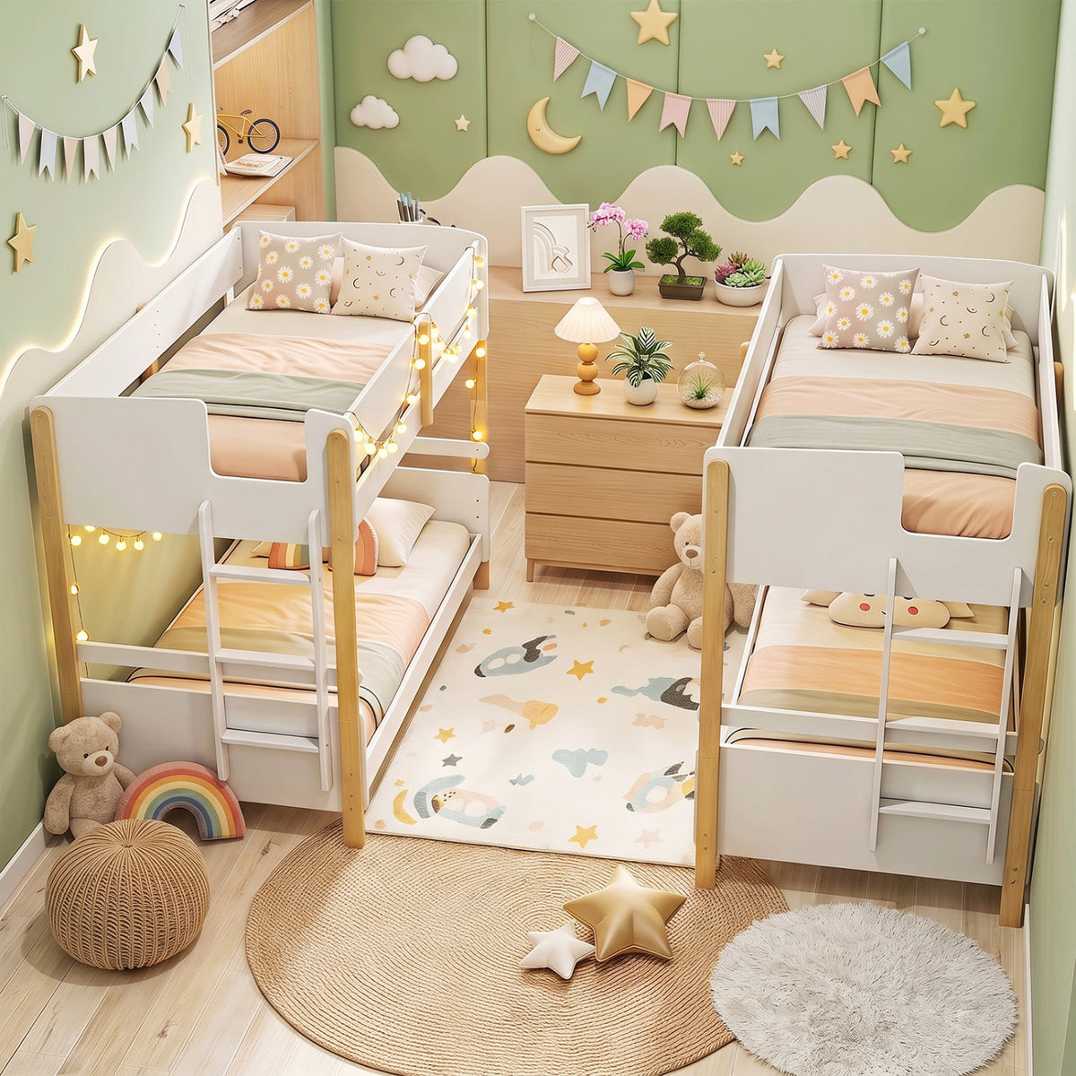 Twin Over Twin Bunk Bed with Ladder Convertible to 2 Twin Beds Toddler Wood Bunk Bed-White