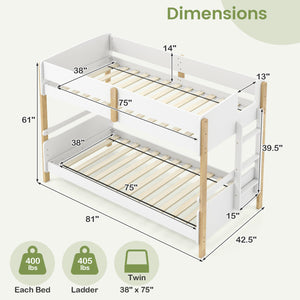 Twin Over Twin Bunk Bed with Ladder Convertible to 2 Twin Beds Toddler Wood Bunk Bed-White