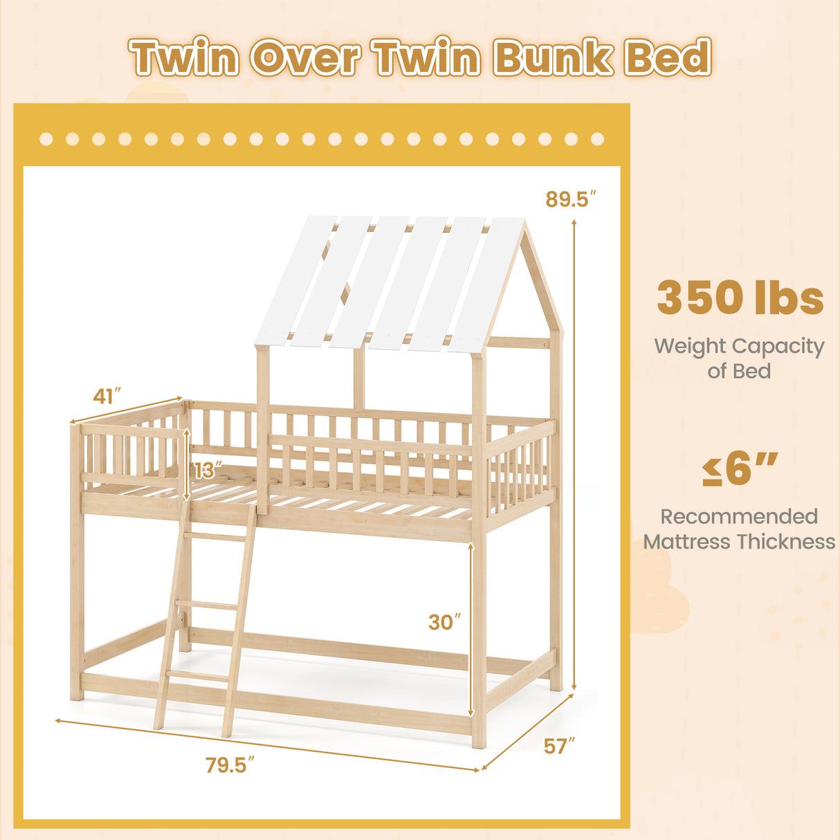 Twin Over Twin House Bunk Bed with Roof and Full-length Guardrails for Kids Teens Boys Girls-Natural