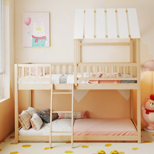 Twin Over Twin House Bunk Bed with Roof and Full-length Guardrails for Kids Teens Boys Girls-Natural