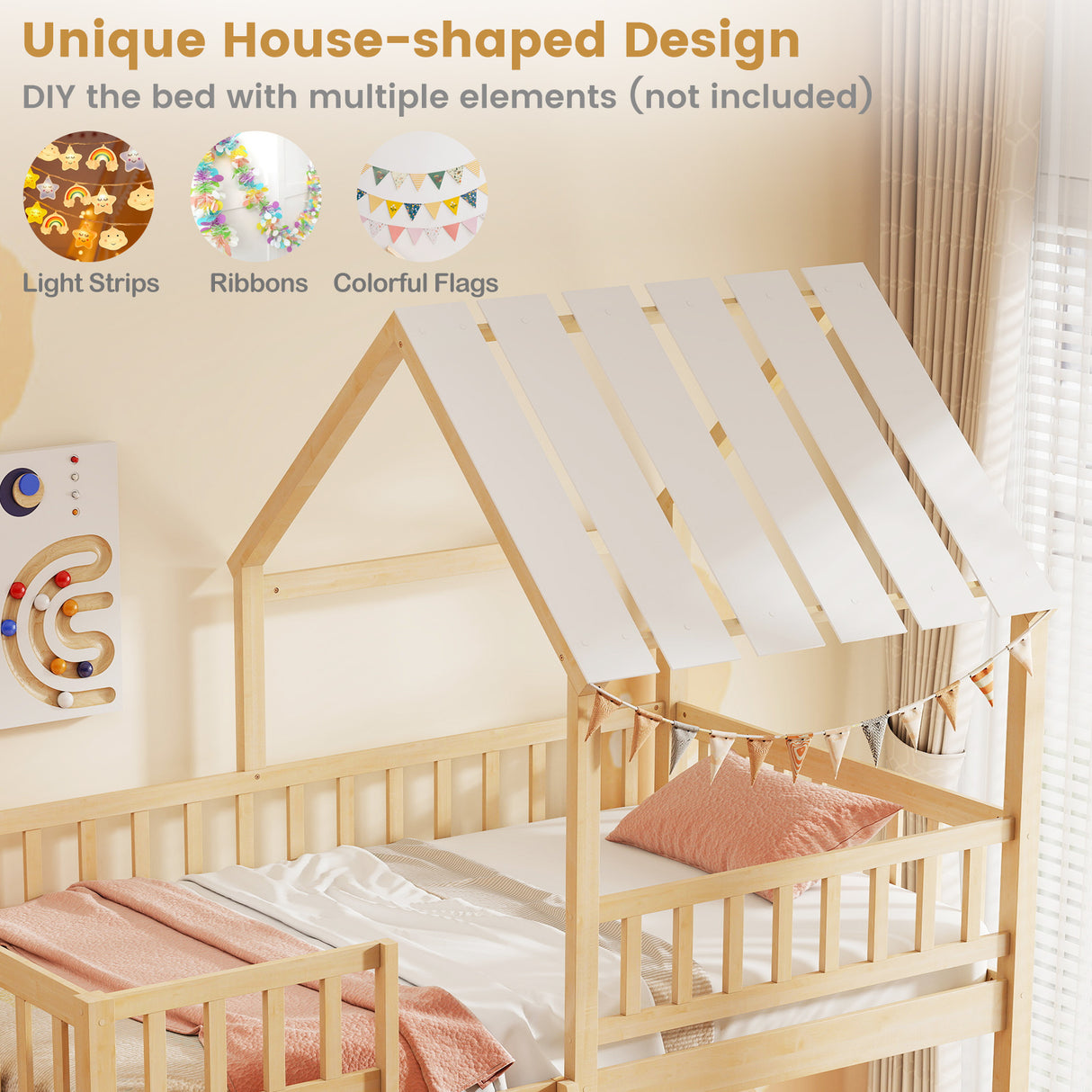 Twin Over Twin House Bunk Bed with Roof and Full-length Guardrails for Kids Teens Boys Girls-Natural