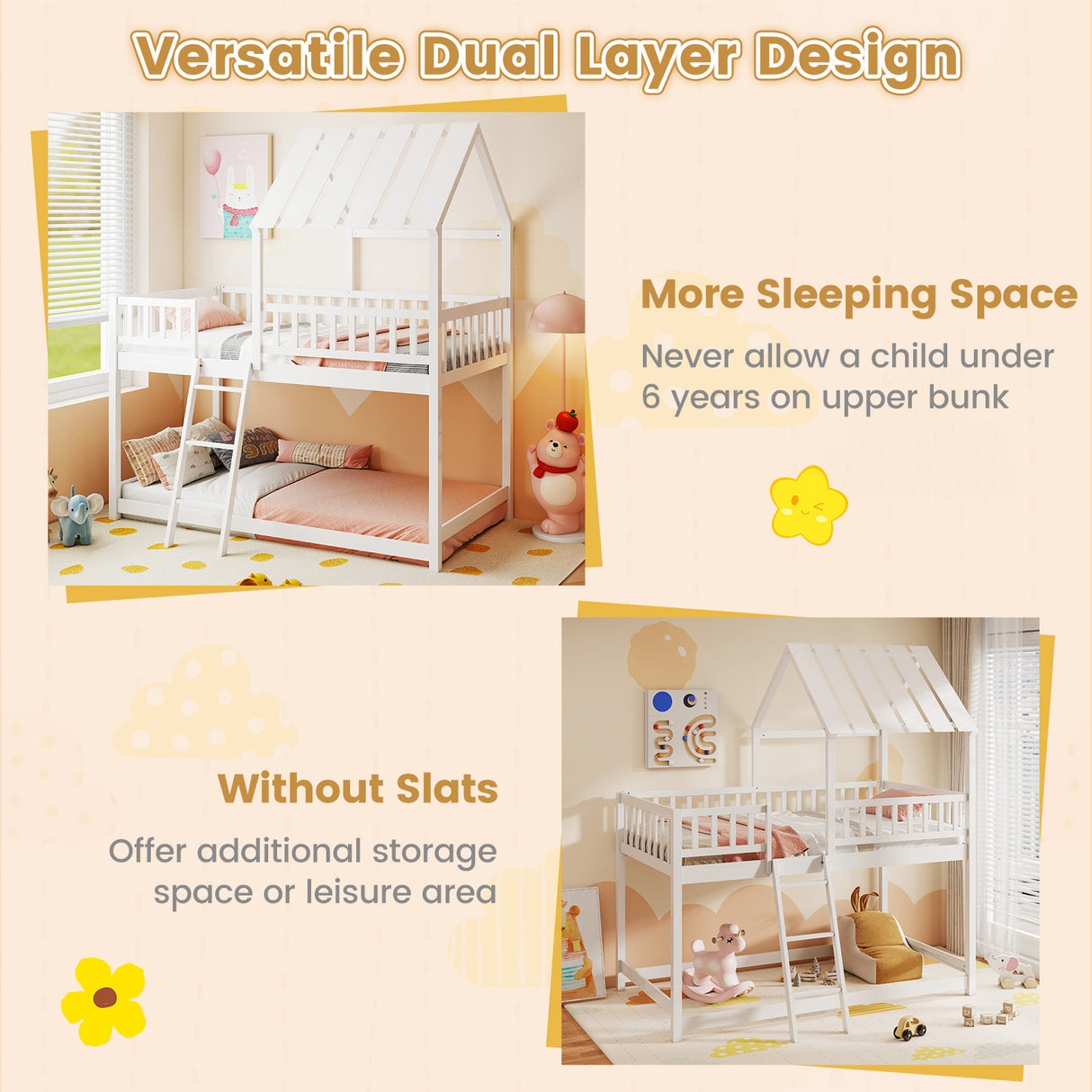 Twin Over Twin House Bunk Bed with Roof and Full-length Guardrails for Kids Teens Boys Girls-White