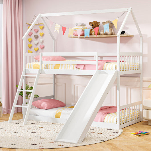 Twin Over Twin House Bunk Bed with Slide and Ladder-White