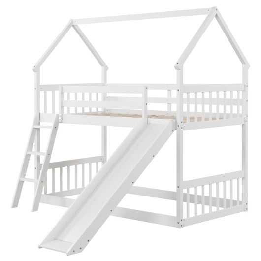 Twin Over Twin House Bunk Bed with Slide and Ladder-White