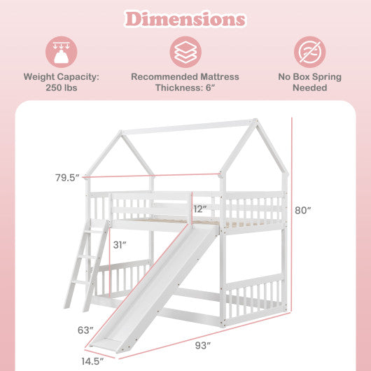 Twin Over Twin House Bunk Bed with Slide and Ladder-White