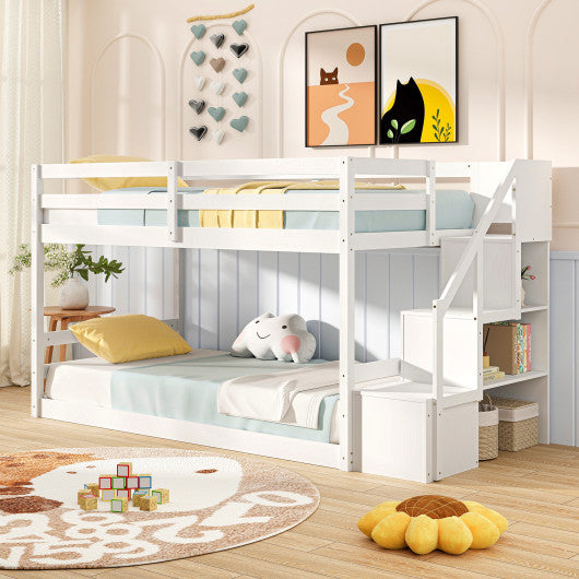 Twin Over Twin Low Bunk Bed with Storage Stairs Solid Wood Floor Bunk Bed Frame-White