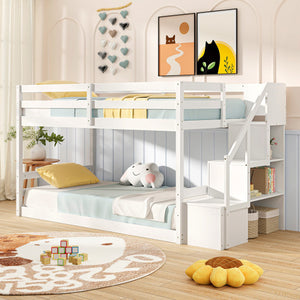 Twin Over Twin Low Bunk Bed with Storage Stairs Solid Wood Floor Bunk Bed Frame-White