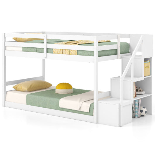 Twin Over Twin Low Bunk Bed with Storage Stairs Solid Wood Floor Bunk Bed Frame-White