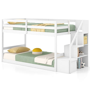 Twin Over Twin Low Bunk Bed with Storage Stairs Solid Wood Floor Bunk Bed Frame-White