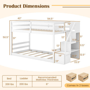 Twin Over Twin Low Bunk Bed with Storage Stairs Solid Wood Floor Bunk Bed Frame-White