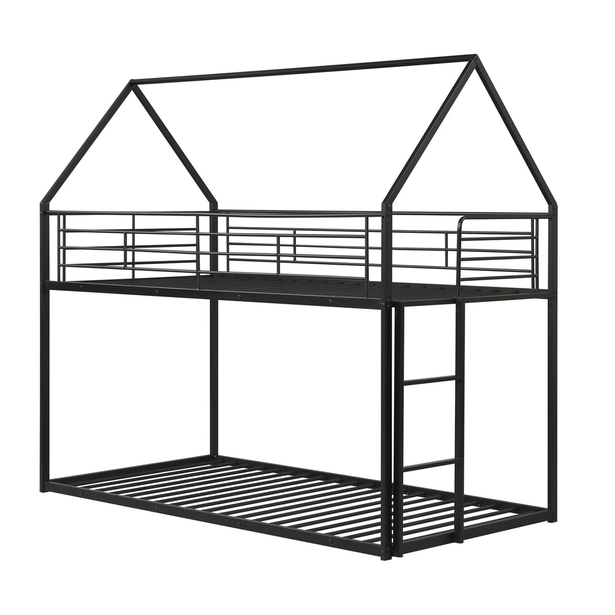 Twin Over Twin Metal Bunk Bed with Roof and Ladder-Black