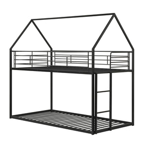 Twin Over Twin Metal Bunk Bed with Roof and Ladder-Black