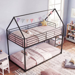 Twin Over Twin Metal Bunk Bed with Roof and Ladder-Black