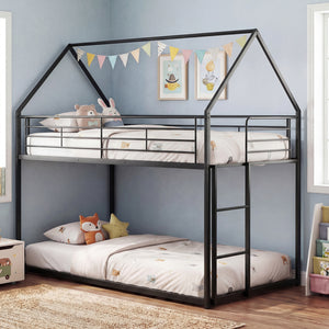Twin Over Twin Metal Bunk Bed with Roof and Ladder-Black