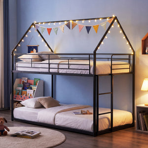 Twin Over Twin Metal Bunk Bed with Roof and Ladder-Black