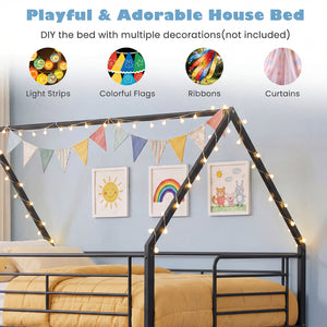 Twin Over Twin Metal Bunk Bed with Roof and Ladder-Black