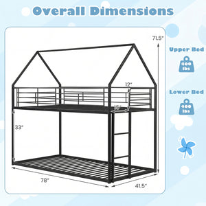 Twin Over Twin Metal Bunk Bed with Roof and Ladder-Black