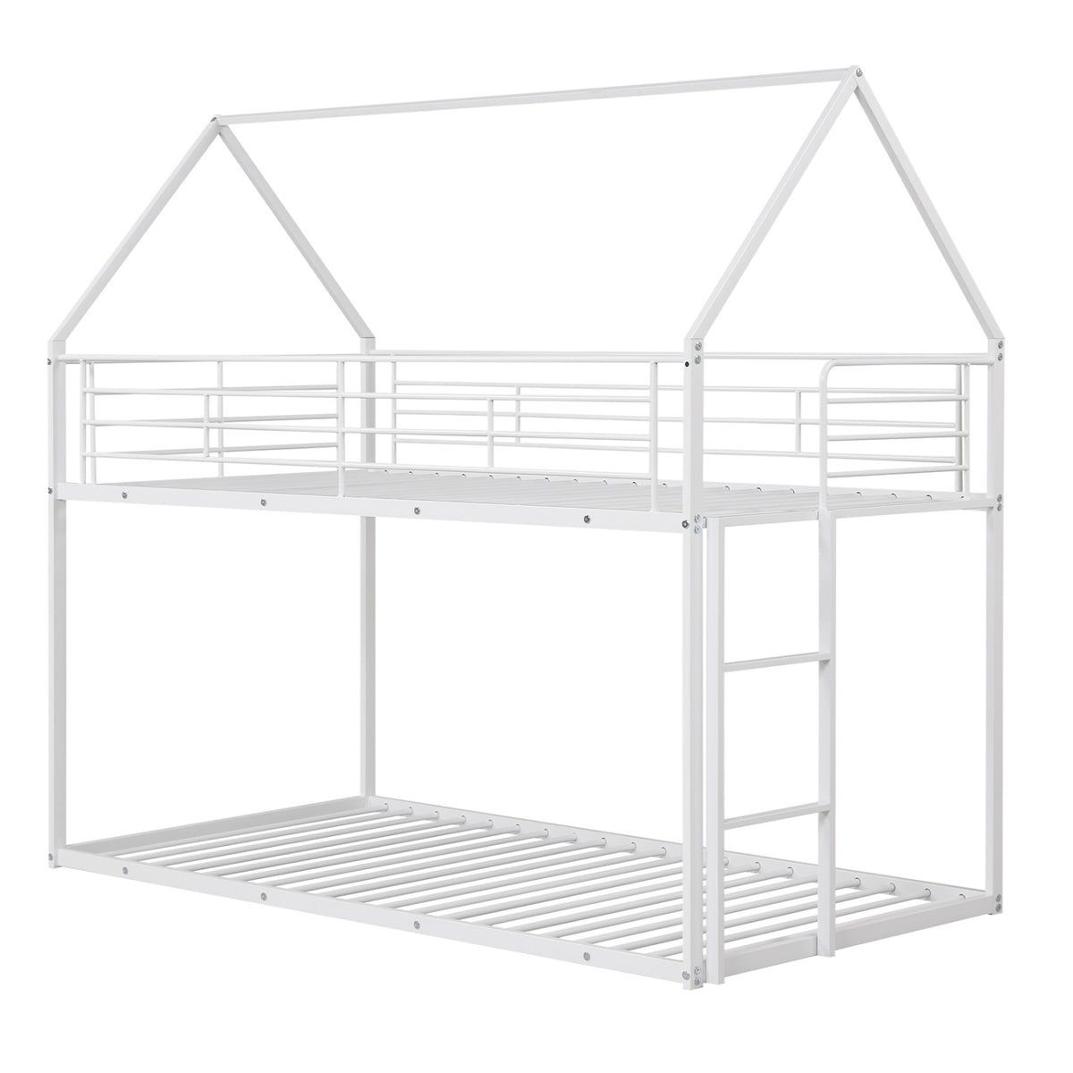 Twin Over Twin Metal Bunk Bed with Roof and Ladder-White