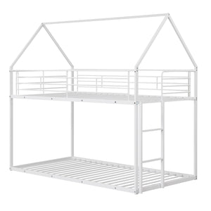 Twin Over Twin Metal Bunk Bed with Roof and Ladder-White