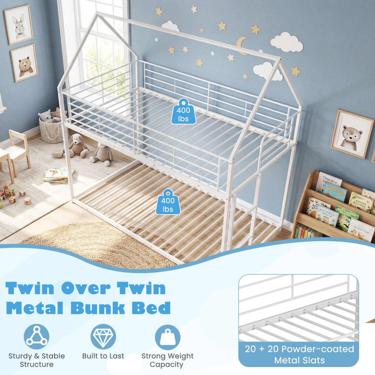 Twin Over Twin Metal Bunk Bed with Roof and Ladder-White