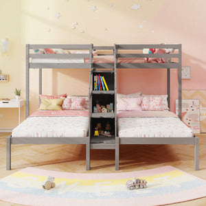 Twin Over Twin and Twin Bunk Bed with Storage Staircase and Guardrail for 3 Kids Teens-Gray