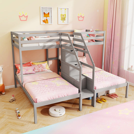 Twin Over Twin and Twin Bunk Bed with Storage Staircase and Guardrail for 3 Kids Teens-Gray