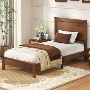 Twin Size Wooden Bed Frame with Headboard and Slat Support-Walnut