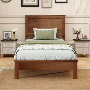 Twin Size Wooden Bed Frame with Headboard and Slat Support-Walnut