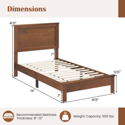 Twin Size Wooden Bed Frame with Headboard and Slat Support-Walnut