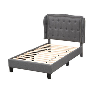 Twin Size Bed Frame with Button Tufted Wingback Headboard and Storage Space-Gray