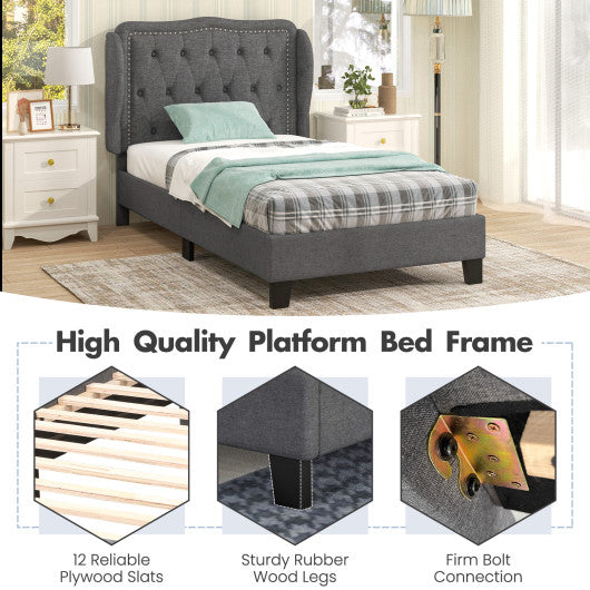 Twin Size Bed Frame with Button Tufted Wingback Headboard and Storage Space-Gray
