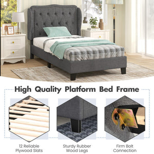 Twin Size Bed Frame with Button Tufted Wingback Headboard and Storage Space-Gray