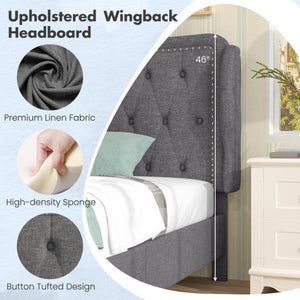 Twin Size Bed Frame with Button Tufted Wingback Headboard and Storage Space-Gray