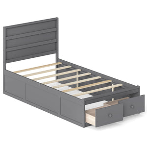 Twin Size Bed Frame with Storage Drawers and Headboard-Gray