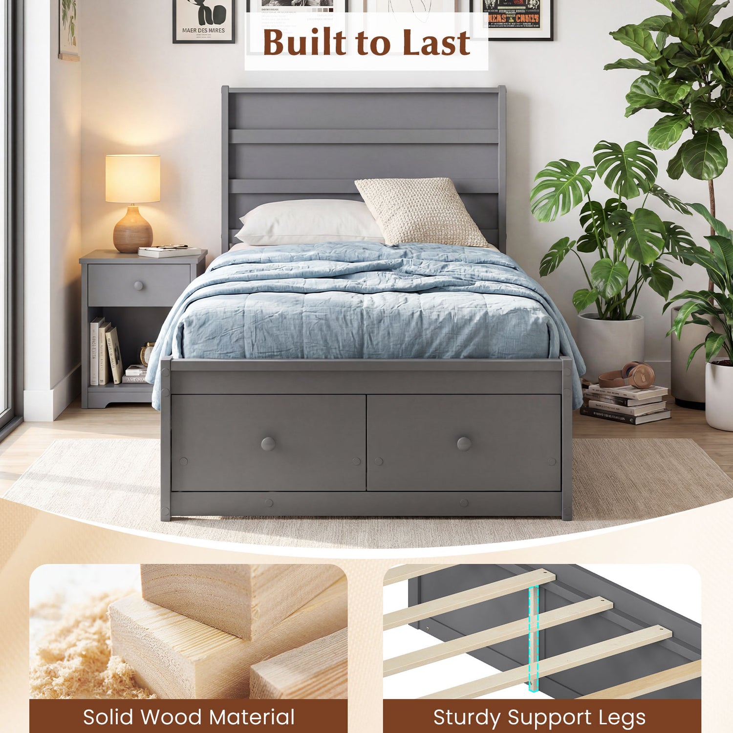 Twin Size Bed Frame with Storage Drawers and Headboard-Gray
