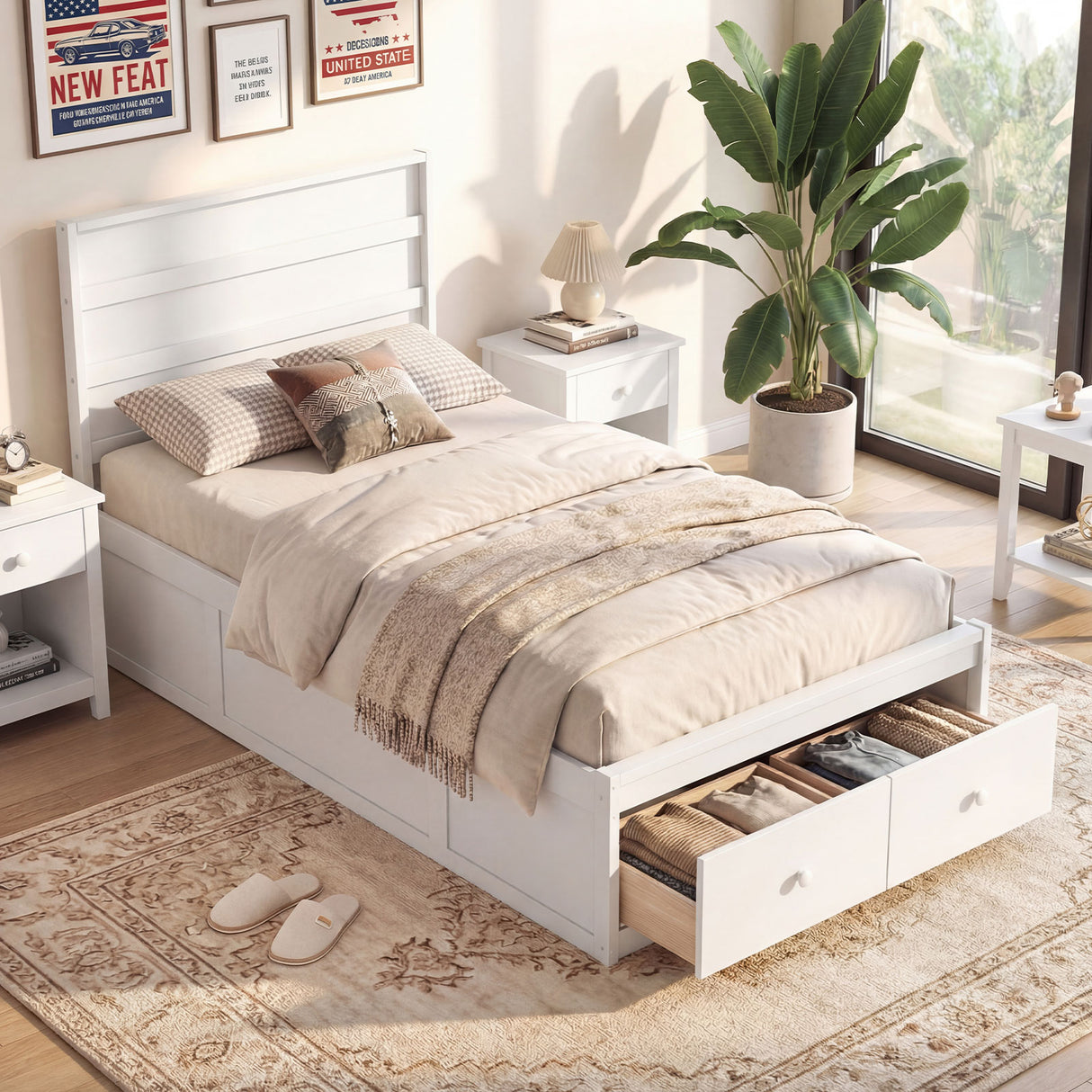 Twin Size Bed Frame with Storage Drawers and Headboard-White